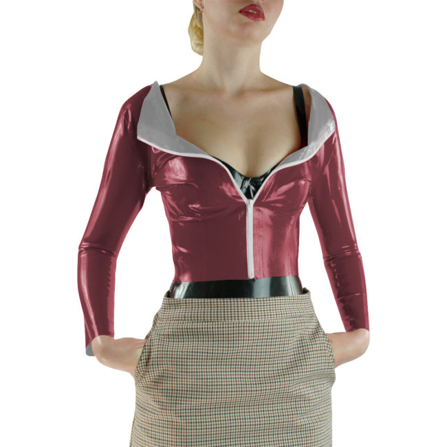 Hight Street Women Shiny PVC Long Sleeve Crop Top Contrast Collar Fashion Top Front Zipper Fitted Blouse Sexy Party Casual Top