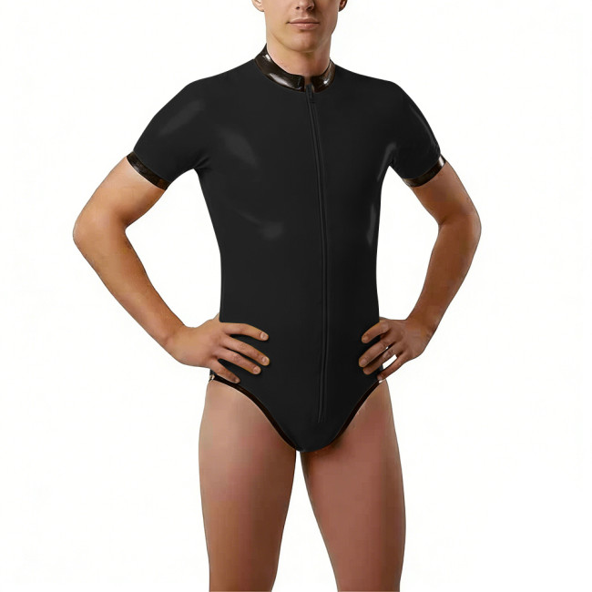 Shiny PVC Short Sleeve Bodysuit High Neck Bodysuit Zipper Contrast Trim Wetlook Bodycon One Piece Catsuit Cosplay Performance