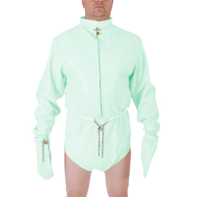 Men Shiny PVC High Neck Restraint Role Play Jumpsuit Lockable Mitten Sleeves Waist Cosplay Party Bodysuit Secure Costume Outfit