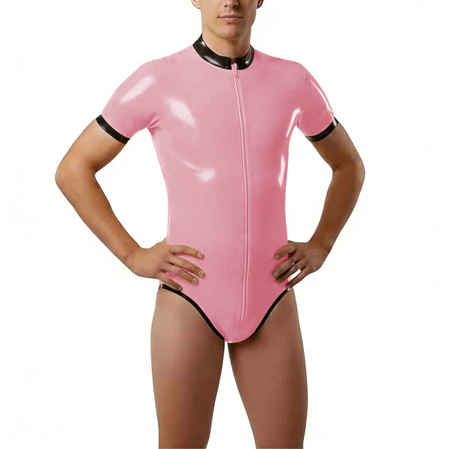 Shiny PVC Short Sleeve Bodysuit High Neck Bodysuit Zipper Contrast Trim Wetlook Bodycon One Piece Catsuit Cosplay Performance
