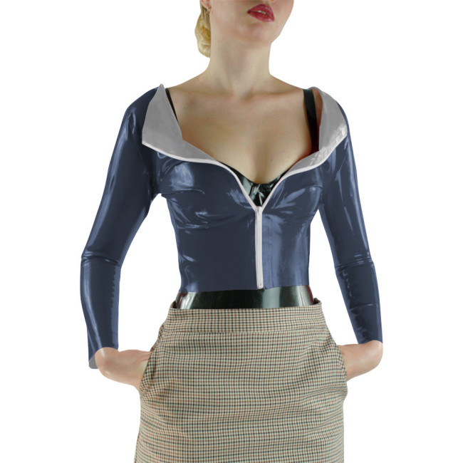 Hight Street Women Shiny PVC Long Sleeve Crop Top Contrast Collar Fashion Top Front Zipper Fitted Blouse Sexy Party Casual Top
