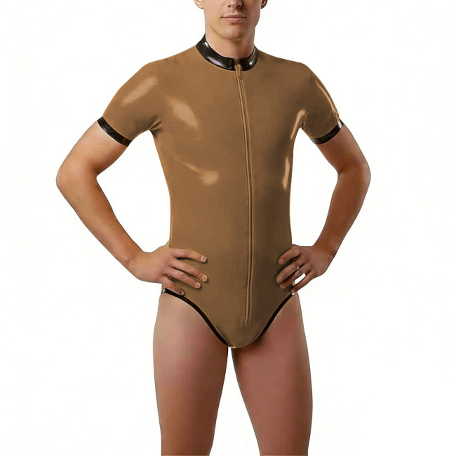 Shiny PVC Short Sleeve Bodysuit High Neck Bodysuit Zipper Contrast Trim Wetlook Bodycon One Piece Catsuit Cosplay Performance
