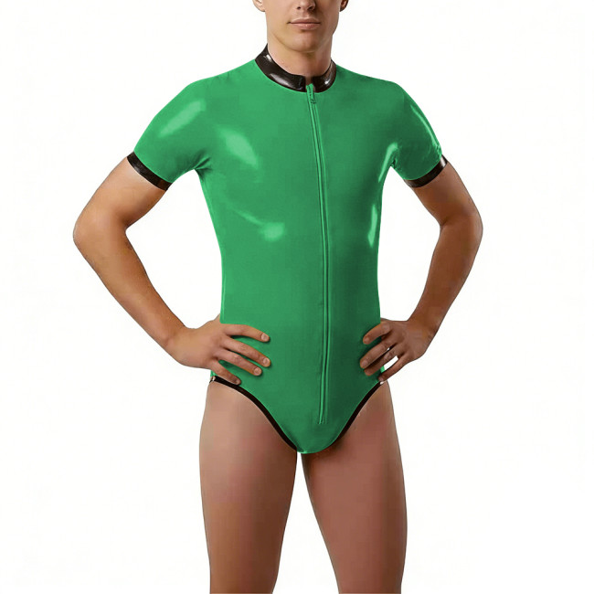 Shiny PVC Short Sleeve Bodysuit High Neck Bodysuit Zipper Contrast Trim Wetlook Bodycon One Piece Catsuit Cosplay Performance