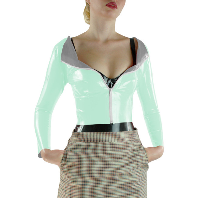 Hight Street Women Shiny PVC Long Sleeve Crop Top Contrast Collar Fashion Top Front Zipper Fitted Blouse Sexy Party Casual Top