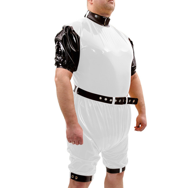 Shiny PVC Vinyl Belt Bodysuit Set High Collar Party Rompers Leg Cuffs Cosplay Loose Rompers Contrast Trim Fetish Outfit Bodysuit