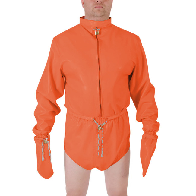 Men Shiny PVC High Neck Restraint Role Play Jumpsuit Lockable Mitten Sleeves Waist Cosplay Party Bodysuit Secure Costume Outfit