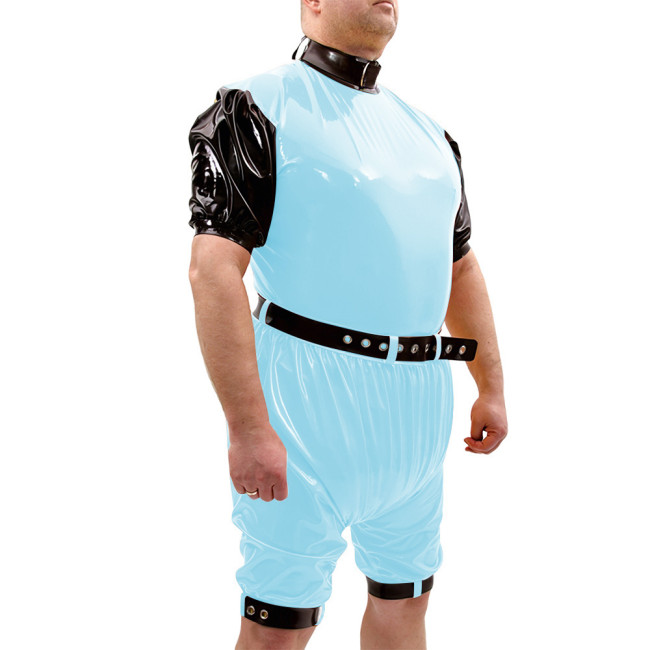 Shiny PVC Vinyl Belt Bodysuit Set High Collar Party Rompers Leg Cuffs Cosplay Loose Rompers Contrast Trim Fetish Outfit Bodysuit