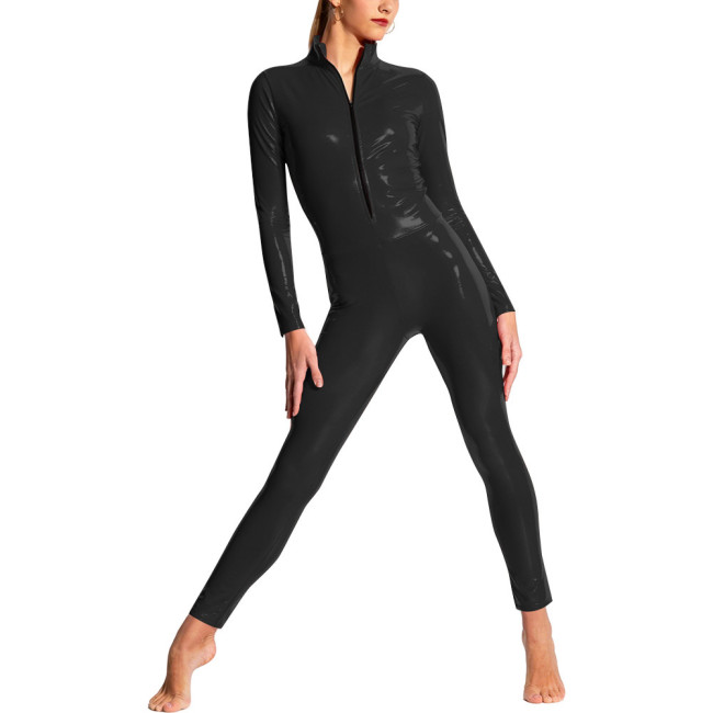Women Shiny PVC Full Body Jumpsuit High Neck Party Performance Wetlook Exotic Zipper Front Bodycon Catsuit Cosplay Sexy Bodysuit