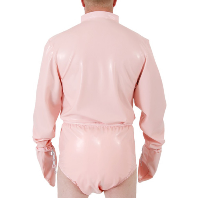Men Shiny PVC High Neck Restraint Role Play Jumpsuit Lockable Mitten Sleeves Waist Cosplay Party Bodysuit Secure Costume Outfit