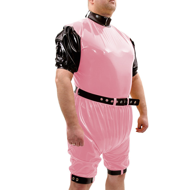 Shiny PVC Vinyl Belt Bodysuit Set High Collar Party Rompers Leg Cuffs Cosplay Loose Rompers Contrast Trim Fetish Outfit Bodysuit