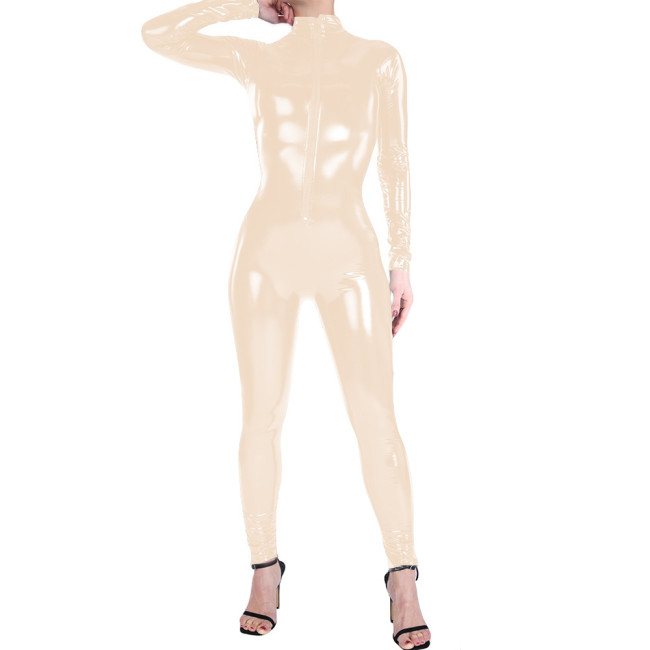 Women's Shiny PVC Long Sleeve Cosplay Catsuit Wetlook Full Bodysuit High Neck Club Party Rompers Front Zipper Bodycon Jumpsuit