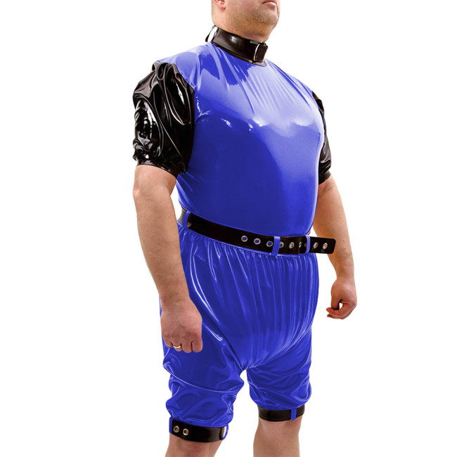 Shiny PVC Vinyl Belt Bodysuit Set High Collar Party Rompers Leg Cuffs Cosplay Loose Rompers Contrast Trim Fetish Outfit Bodysuit
