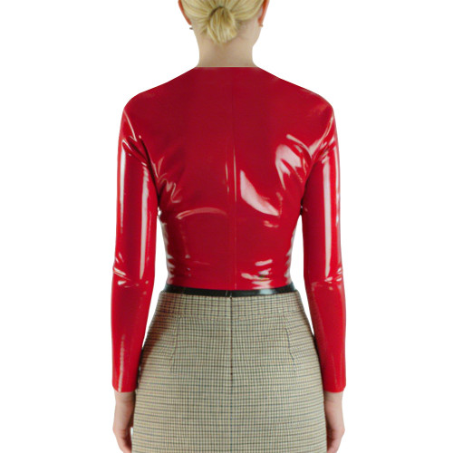 Hight Street Women Shiny PVC Long Sleeve Crop Top Contrast Collar Fashion Top Front Zipper Fitted Blouse Sexy Party Casual Top