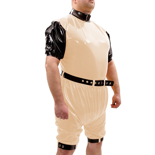 Shiny PVC Vinyl Belt Bodysuit Set High Collar Party Rompers Leg Cuffs Cosplay Loose Rompers Contrast Trim Fetish Outfit Bodysuit