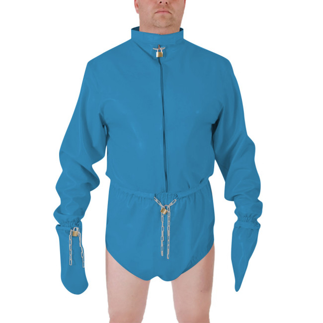 Men Shiny PVC High Neck Restraint Role Play Jumpsuit Lockable Mitten Sleeves Waist Cosplay Party Bodysuit Secure Costume Outfit