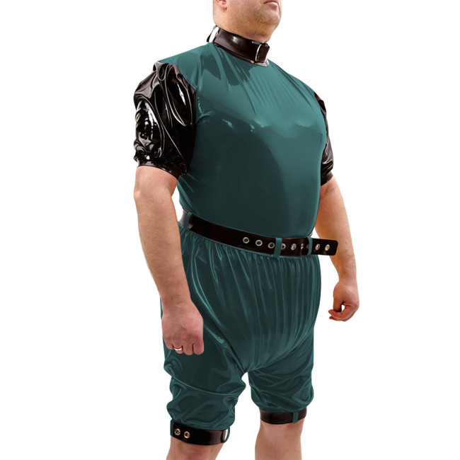 Shiny PVC Vinyl Belt Bodysuit Set High Collar Party Rompers Leg Cuffs Cosplay Loose Rompers Contrast Trim Fetish Outfit Bodysuit