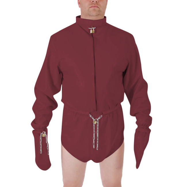 Men Shiny PVC High Neck Restraint Role Play Jumpsuit Lockable Mitten Sleeves Waist Cosplay Party Bodysuit Secure Costume Outfit