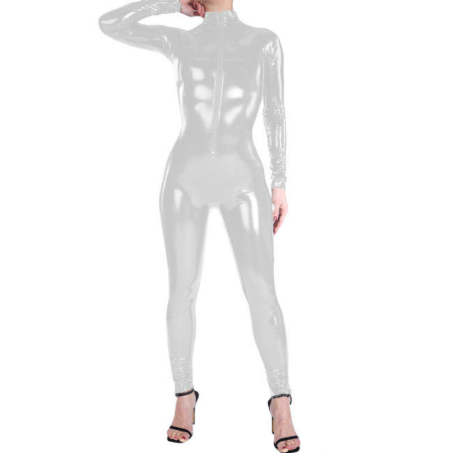 Women's Shiny PVC Long Sleeve Cosplay Catsuit Wetlook Full Bodysuit High Neck Club Party Rompers Front Zipper Bodycon Jumpsuit