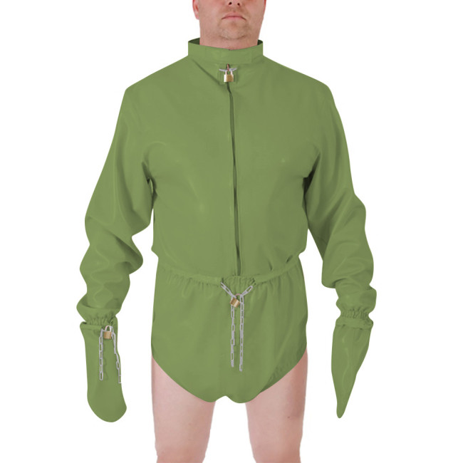 Men Shiny PVC High Neck Restraint Role Play Jumpsuit Lockable Mitten Sleeves Waist Cosplay Party Bodysuit Secure Costume Outfit