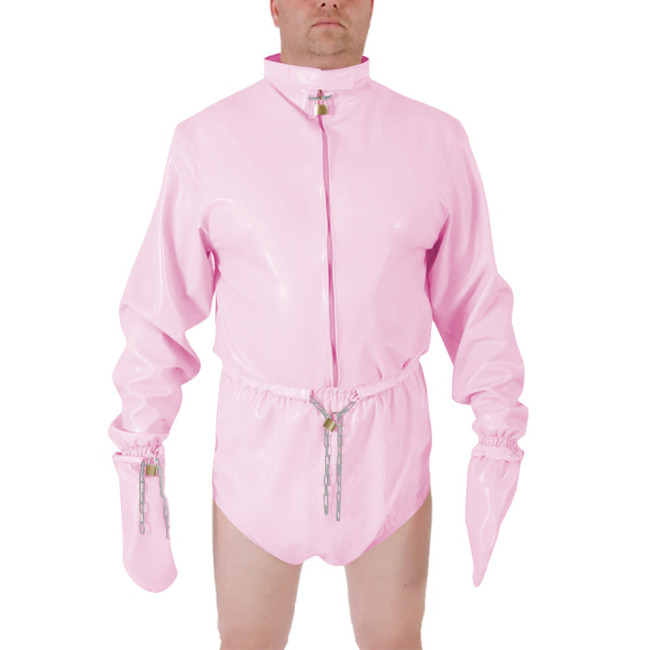 Men Shiny PVC High Neck Restraint Role Play Jumpsuit Lockable Mitten Sleeves Waist Cosplay Party Bodysuit Secure Costume Outfit