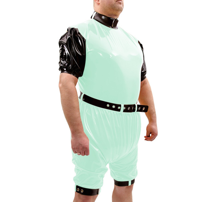 Shiny PVC Vinyl Belt Bodysuit Set High Collar Party Rompers Leg Cuffs Cosplay Loose Rompers Contrast Trim Fetish Outfit Bodysuit