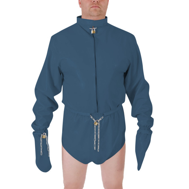 Men Shiny PVC High Neck Restraint Role Play Jumpsuit Lockable Mitten Sleeves Waist Cosplay Party Bodysuit Secure Costume Outfit