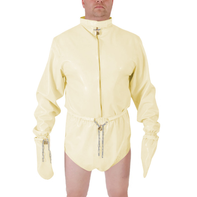 Men Shiny PVC High Neck Restraint Role Play Jumpsuit Lockable Mitten Sleeves Waist Cosplay Party Bodysuit Secure Costume Outfit