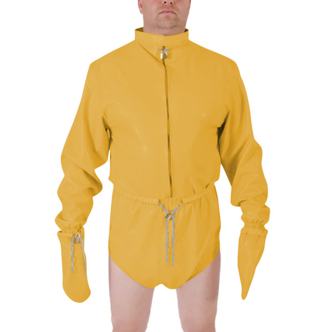 Men Shiny PVC High Neck Restraint Role Play Jumpsuit Lockable Mitten Sleeves Waist Cosplay Party Bodysuit Secure Costume Outfit