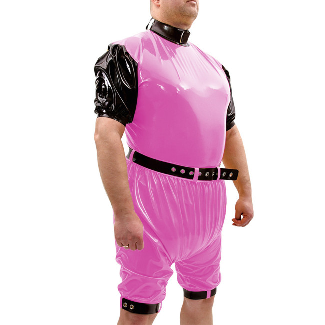 Shiny PVC Vinyl Belt Bodysuit Set High Collar Party Rompers Leg Cuffs Cosplay Loose Rompers Contrast Trim Fetish Outfit Bodysuit