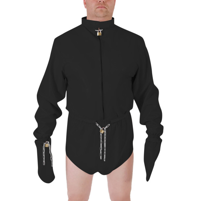 Men Shiny PVC High Neck Restraint Role Play Jumpsuit Lockable Mitten Sleeves Waist Cosplay Party Bodysuit Secure Costume Outfit