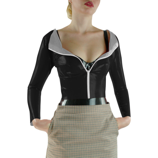 Hight Street Women Shiny PVC Long Sleeve Crop Top Contrast Collar Fashion Top Front Zipper Fitted Blouse Sexy Party Casual Top