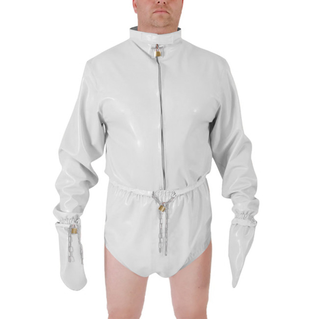 Men Shiny PVC High Neck Restraint Role Play Jumpsuit Lockable Mitten Sleeves Waist Cosplay Party Bodysuit Secure Costume Outfit