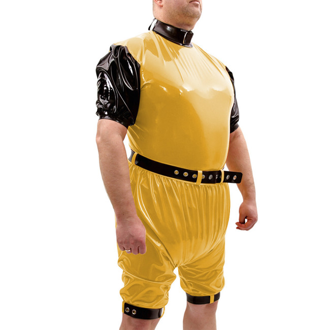 Shiny PVC Vinyl Belt Bodysuit Set High Collar Party Rompers Leg Cuffs Cosplay Loose Rompers Contrast Trim Fetish Outfit Bodysuit