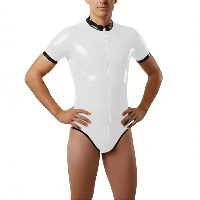 Shiny PVC Short Sleeve Bodysuit High Neck Bodysuit Zipper Contrast Trim Wetlook Bodycon One Piece Catsuit Cosplay Performance