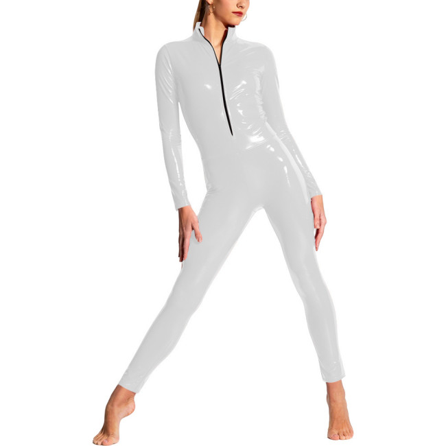 Women Shiny PVC Full Body Jumpsuit High Neck Party Performance Wetlook Exotic Zipper Front Bodycon Catsuit Cosplay Sexy Bodysuit