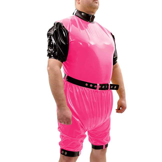 Shiny PVC Vinyl Belt Bodysuit Set High Collar Party Rompers Leg Cuffs Cosplay Loose Rompers Contrast Trim Fetish Outfit Bodysuit