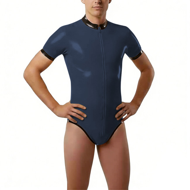 Shiny PVC Short Sleeve Bodysuit High Neck Bodysuit Zipper Contrast Trim Wetlook Bodycon One Piece Catsuit Cosplay Performance