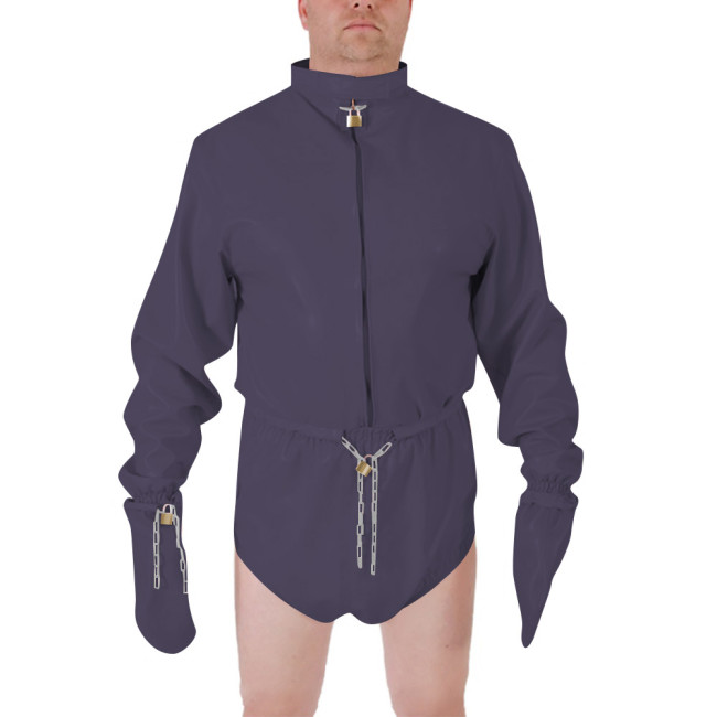 Men Shiny PVC High Neck Restraint Role Play Jumpsuit Lockable Mitten Sleeves Waist Cosplay Party Bodysuit Secure Costume Outfit