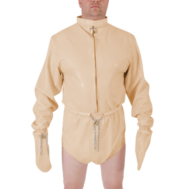 Men Shiny PVC High Neck Restraint Role Play Jumpsuit Lockable Mitten Sleeves Waist Cosplay Party Bodysuit Secure Costume Outfit