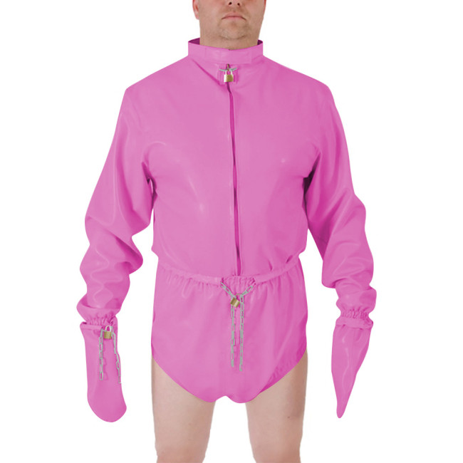 Men Shiny PVC High Neck Restraint Role Play Jumpsuit Lockable Mitten Sleeves Waist Cosplay Party Bodysuit Secure Costume Outfit