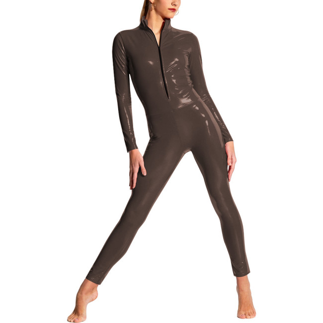 Women Shiny PVC Full Body Jumpsuit High Neck Party Performance Wetlook Exotic Zipper Front Bodycon Catsuit Cosplay Sexy Bodysuit
