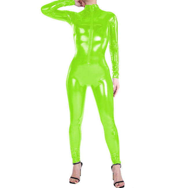 Women's Shiny PVC Long Sleeve Cosplay Catsuit Wetlook Full Bodysuit High Neck Club Party Rompers Front Zipper Bodycon Jumpsuit