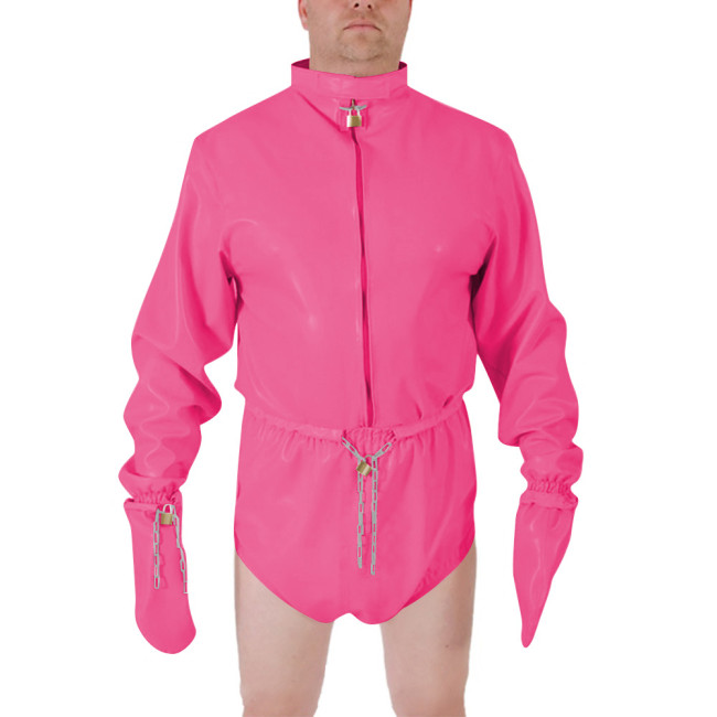 Men Shiny PVC High Neck Restraint Role Play Jumpsuit Lockable Mitten Sleeves Waist Cosplay Party Bodysuit Secure Costume Outfit
