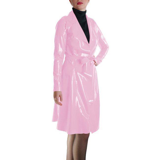 Glossy Faux Leather Belted Wrap Evening Events Midi Dress Shiny PVC Wetlook Trench Long Sleeve Club Coat Cocktail Party Outfit