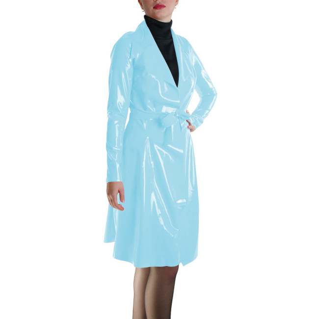 Glossy Faux Leather Belted Wrap Evening Events Midi Dress Shiny PVC Wetlook Trench Long Sleeve Club Coat Cocktail Party Outfit
