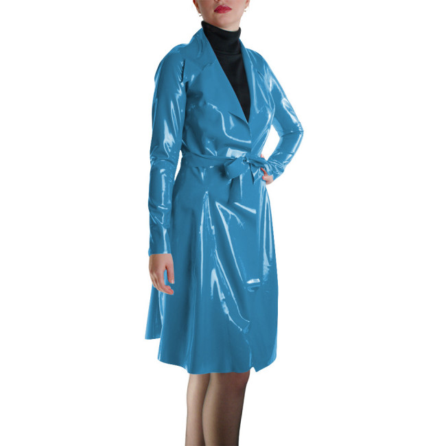 Glossy Faux Leather Belted Wrap Evening Events Midi Dress Shiny PVC Wetlook Trench Long Sleeve Club Coat Cocktail Party Outfit
