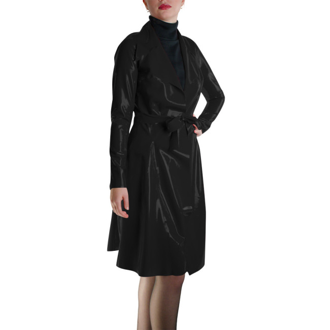 Glossy Faux Leather Belted Wrap Evening Events Midi Dress Shiny PVC Wetlook Trench Long Sleeve Club Coat Cocktail Party Outfit
