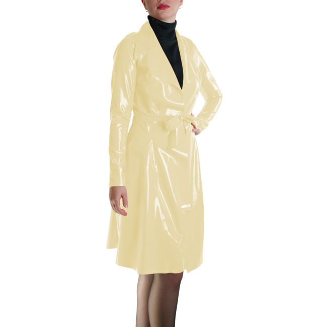 Glossy Faux Leather Belted Wrap Evening Events Midi Dress Shiny PVC Wetlook Trench Long Sleeve Club Coat Cocktail Party Outfit