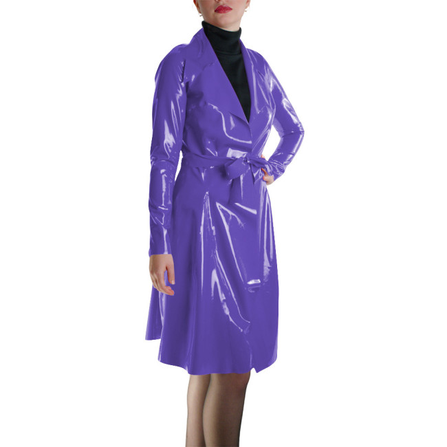 Glossy Faux Leather Belted Wrap Evening Events Midi Dress Shiny PVC Wetlook Trench Long Sleeve Club Coat Cocktail Party Outfit