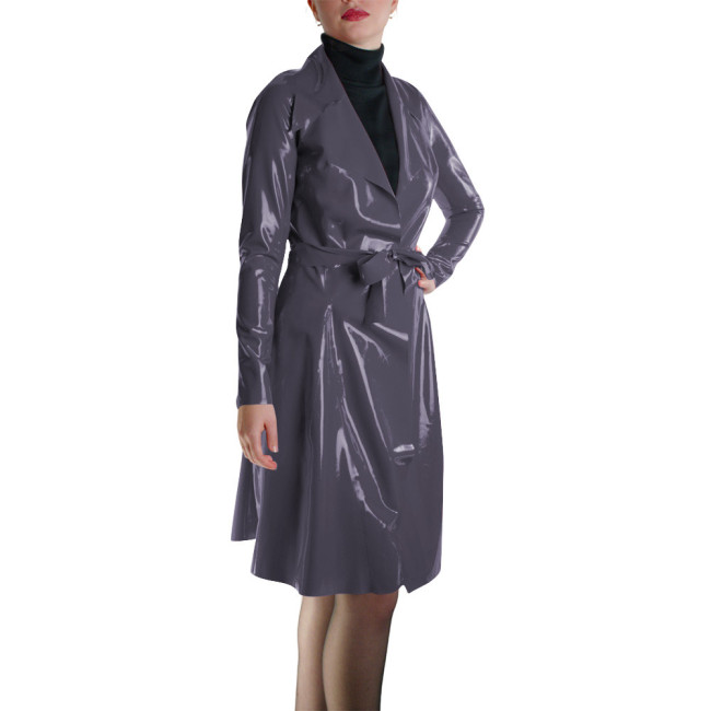 Glossy Faux Leather Belted Wrap Evening Events Midi Dress Shiny PVC Wetlook Trench Long Sleeve Club Coat Cocktail Party Outfit